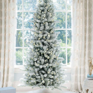 9' King Flock® Slim Artificial Christmas Tree with 900 Warm White LED Lights